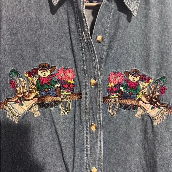 Vintage Embroidered Denim Shirt with Cats and Cowboy Design Size XL - Picture 2 of 4